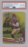 Caleb Williams from the 2023 Bowman Chrome University set featuring a Yellow Refractor parallel graded by PSA and given an overall grade of 10.