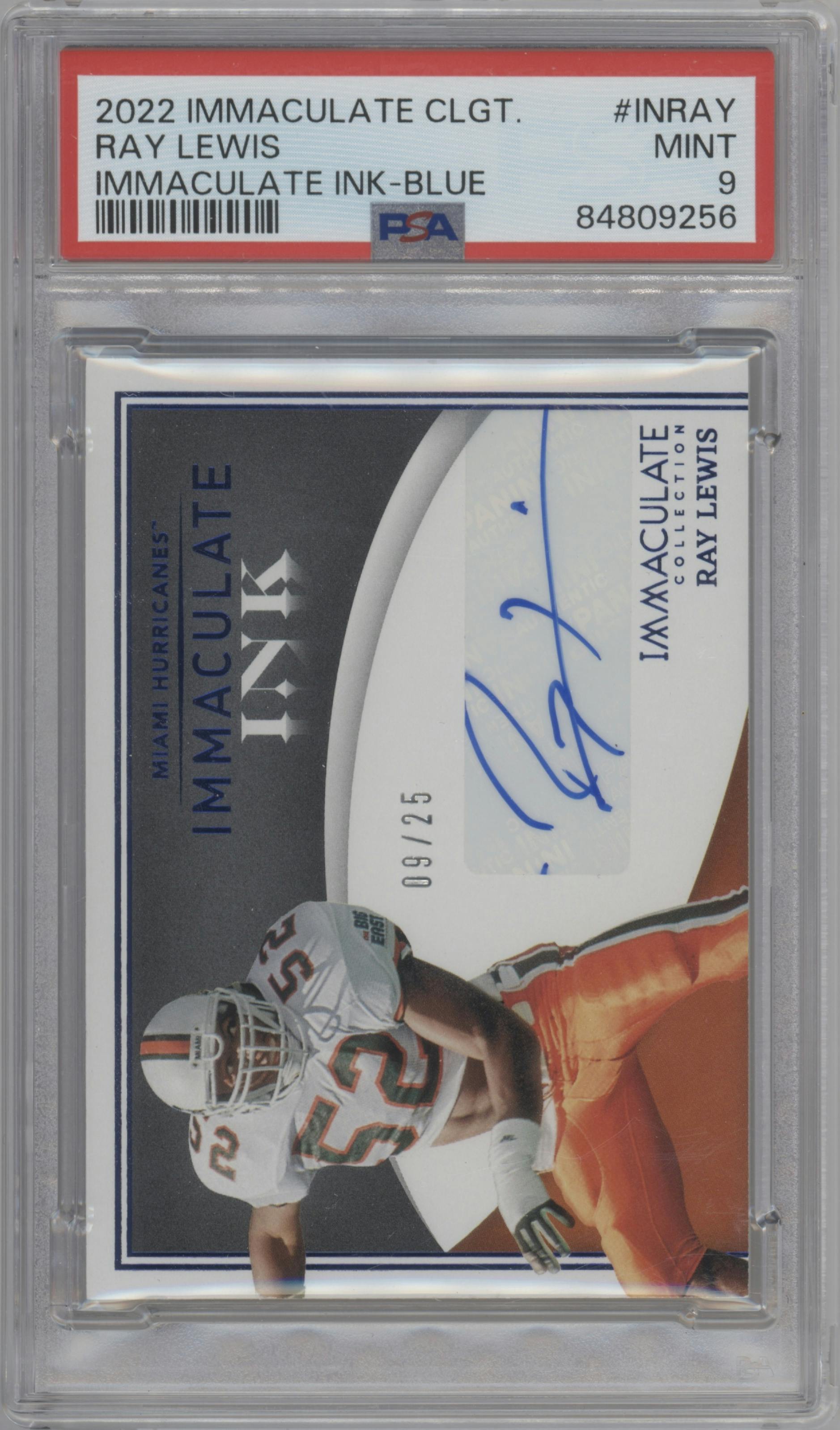 Ray Lewis from the 2022 Panini Immaculate Collection Collegiate set featuring a Blue parallel graded by PSA and given an overall grade of 9.