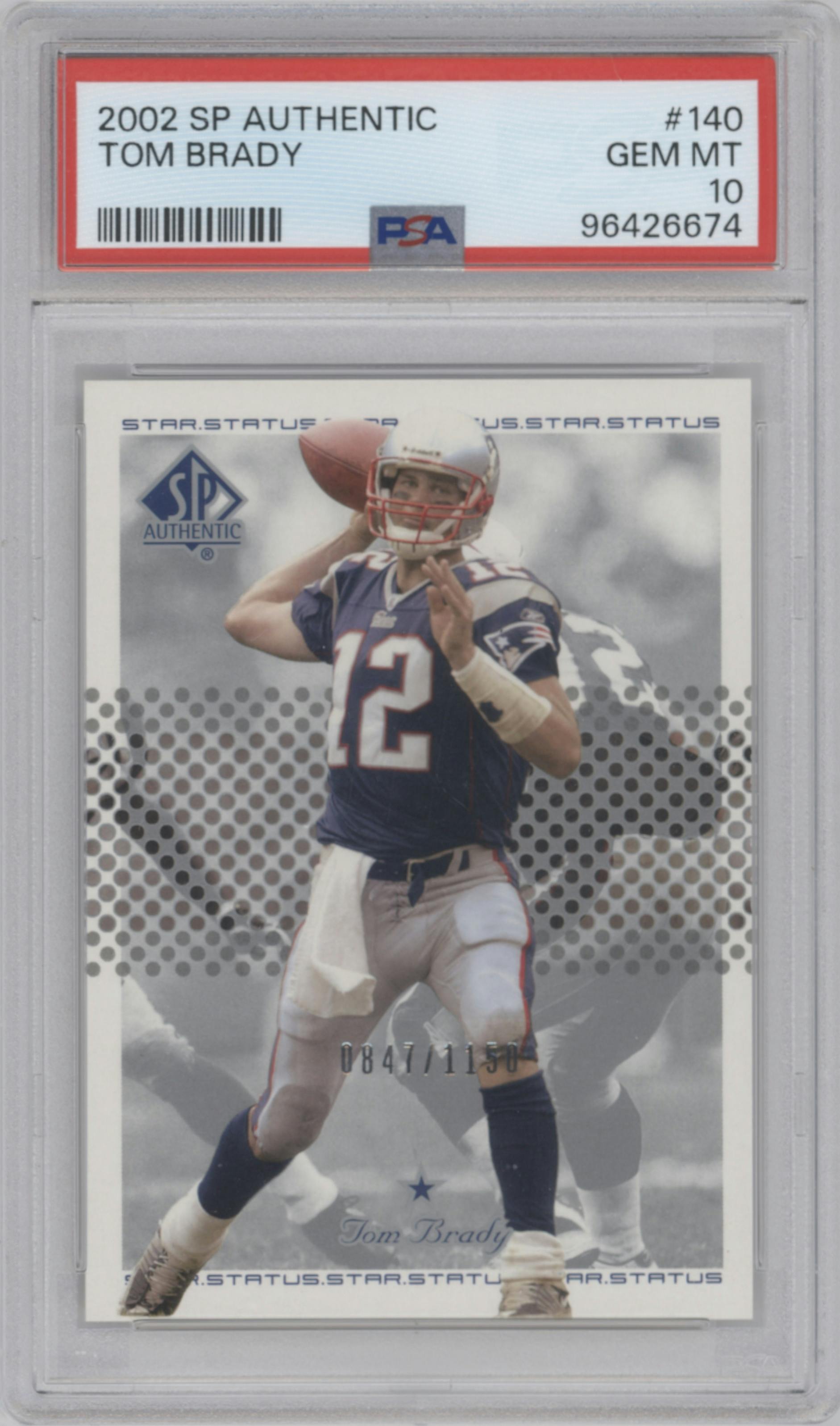 Tom Brady from the 2002 Upper Deck SP Authentic  set graded by PSA and given an overall grade of 10.
