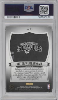 Victor Wembanyama from the 2023-24 Panini Phoenix set featuring a Pink parallel graded by PSA and given an overall grade of 8.