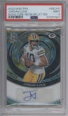 Jordan Love from the 2023 Panini Spectra set featuring a Neon Splatter parallel graded by PSA and given an overall grade of 9.