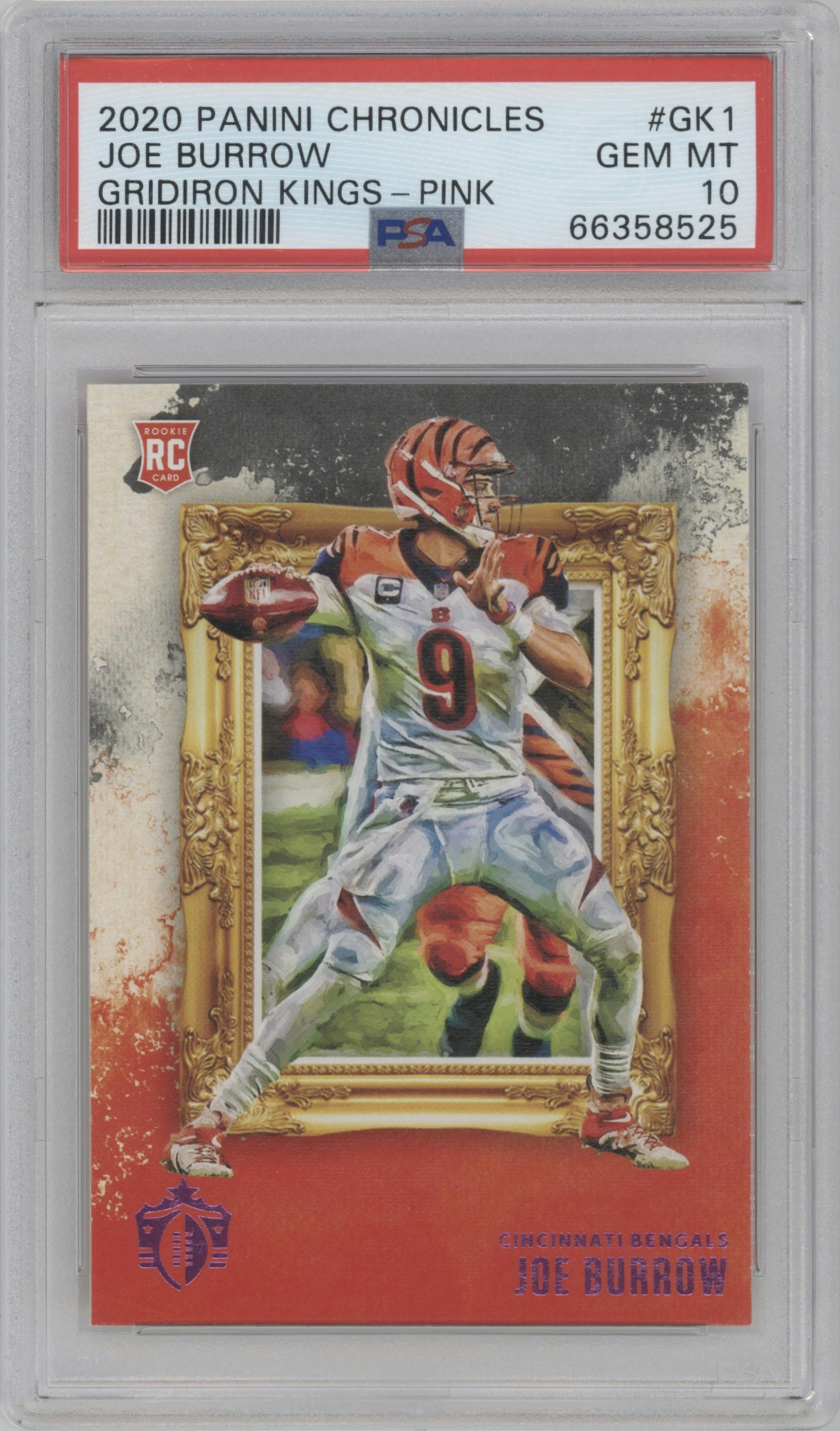 Joe Burrow from the 2020 Panini Chronicles set featuring a Pink parallel graded by PSA and given an overall grade of 10.