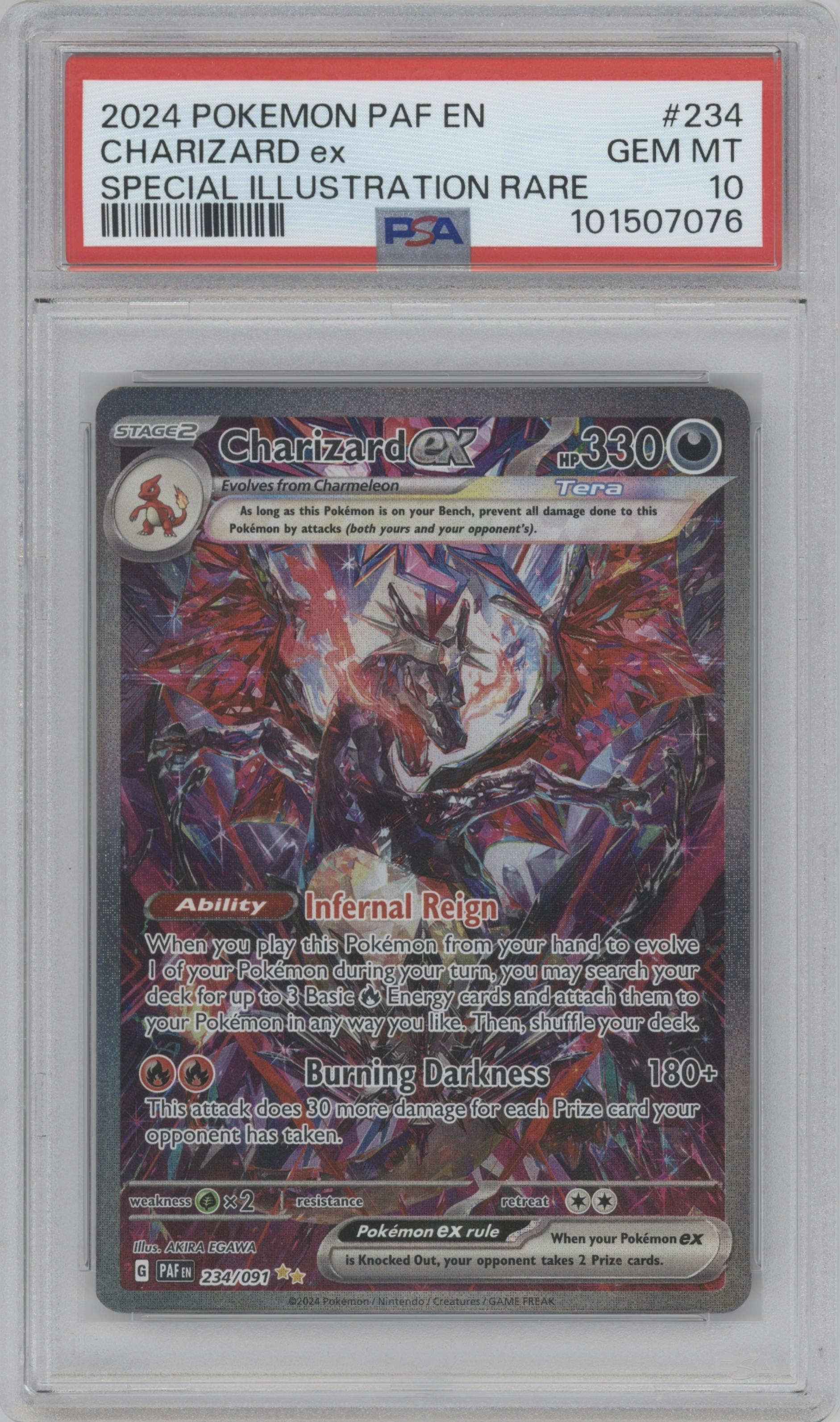 Charizard ex from the 2024 Pokemon SV set graded by PSA and given an overall grade of 10.