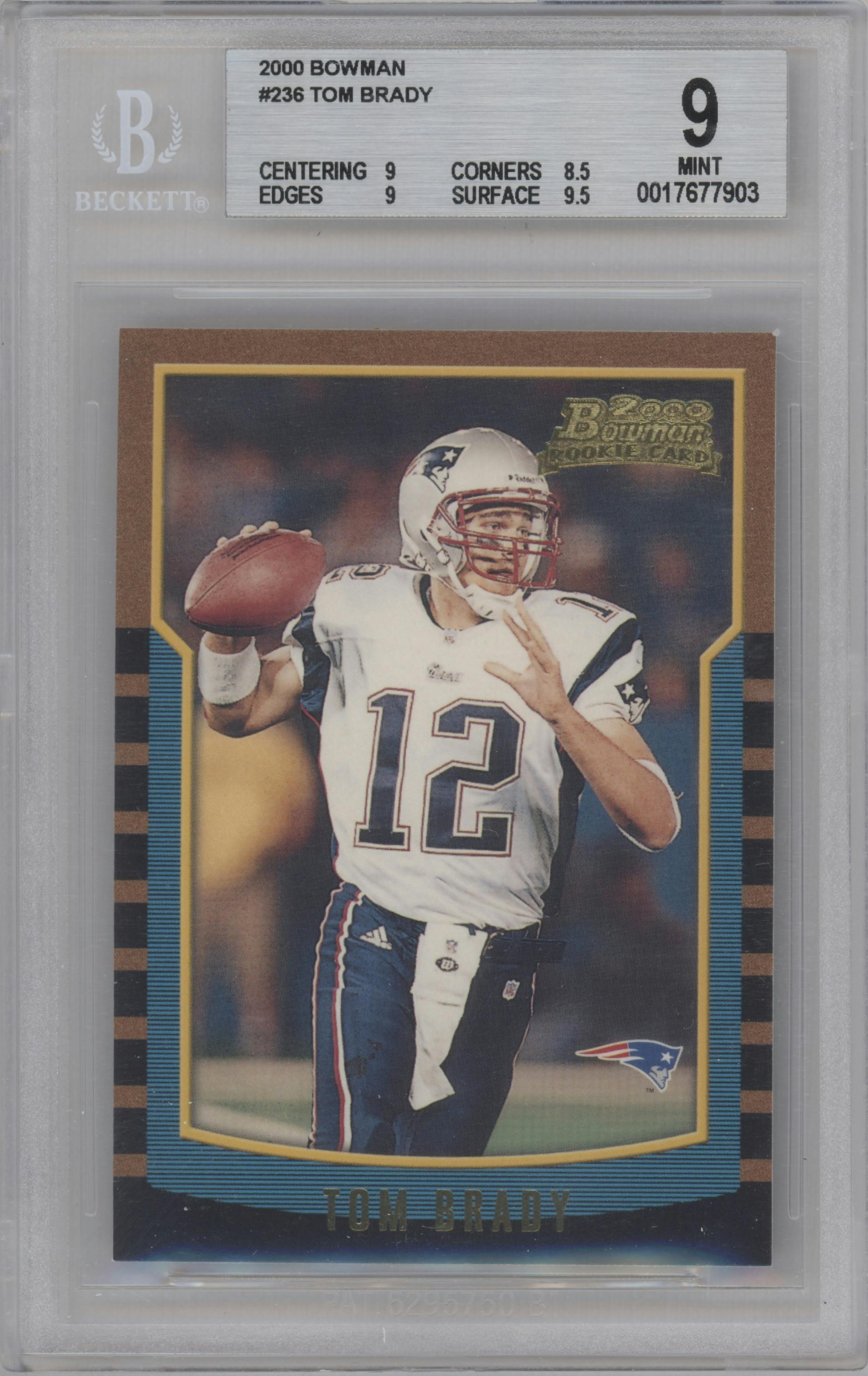 Tom Brady from the 2000 Bowman set graded by Beckett and given an overall grade of 9.
