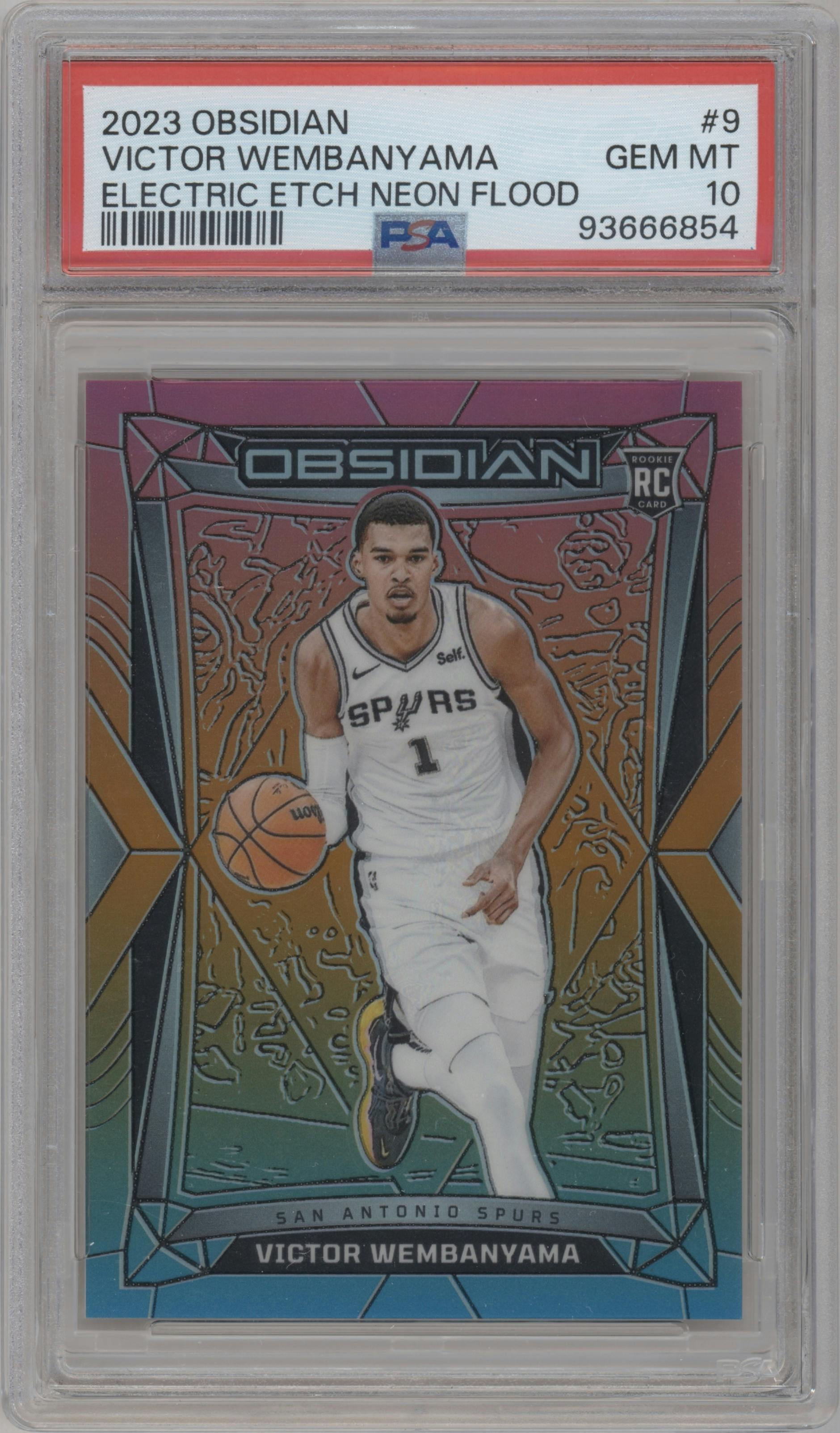 Victor Wembanyama from the 2023-24 Panini Obsidian set featuring a Electric Etch Neon Flood parallel graded by PSA and given an overall grade of 10.