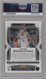 Victor Wembanyama from the 2023-24 Panini Obsidian set featuring a Electric Etch Neon Flood parallel graded by PSA and given an overall grade of 10.