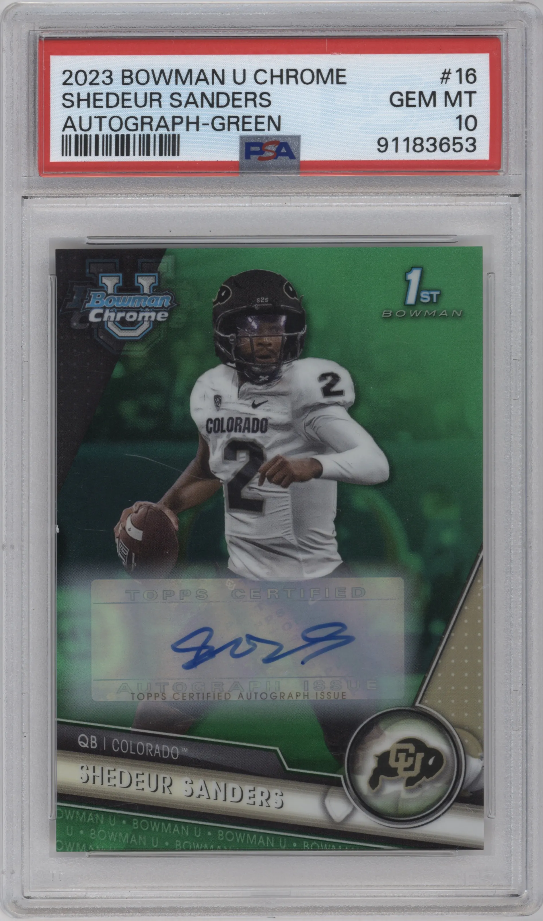 2023 Bowman Chrome University Chr.Pros.Auto Shedeur Sanders Green Refractor #16 PSA 10