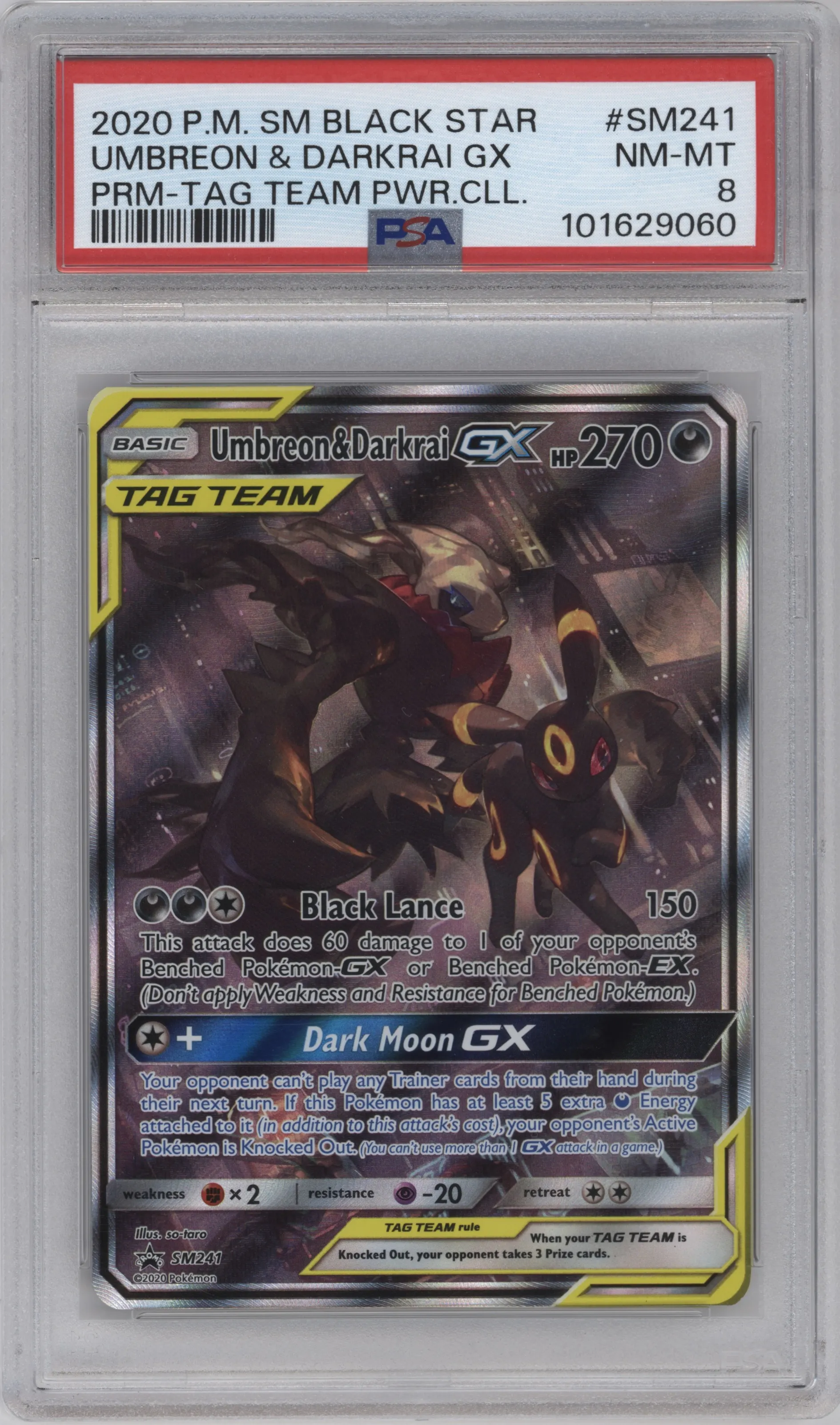 Umbreon/Darkrai GX from the 2020 Pokemon S&M set featuring a Tag Team Powers Collection parallel graded by PSA and given an overall grade of 8.