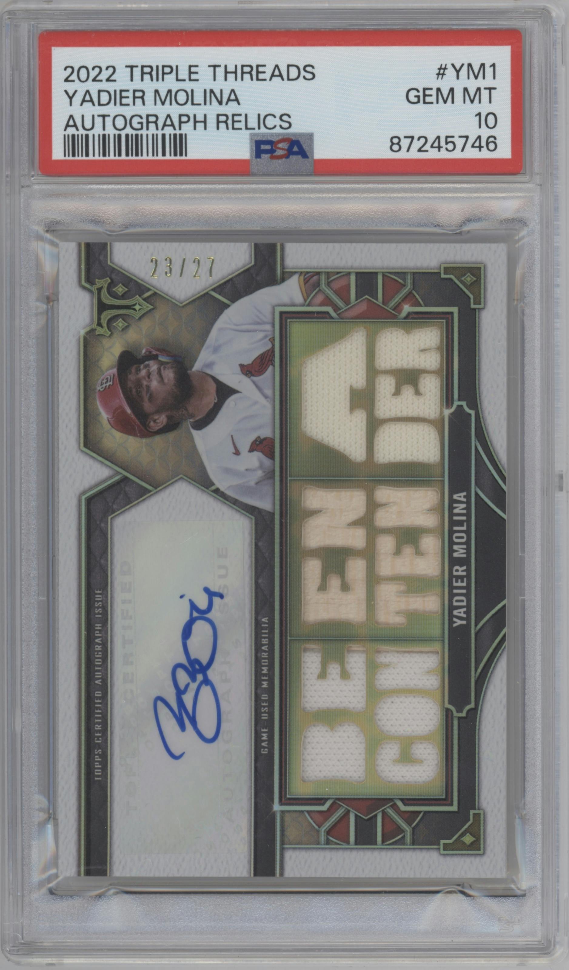Yadier Molina from the 2022 Topps Triple Threads set graded by PSA and given an overall grade of 10.