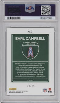 Earl Campbell from the 2024 Donruss Optic set featuring a Black Pandora parallel graded by PSA and given an overall grade of 10.
