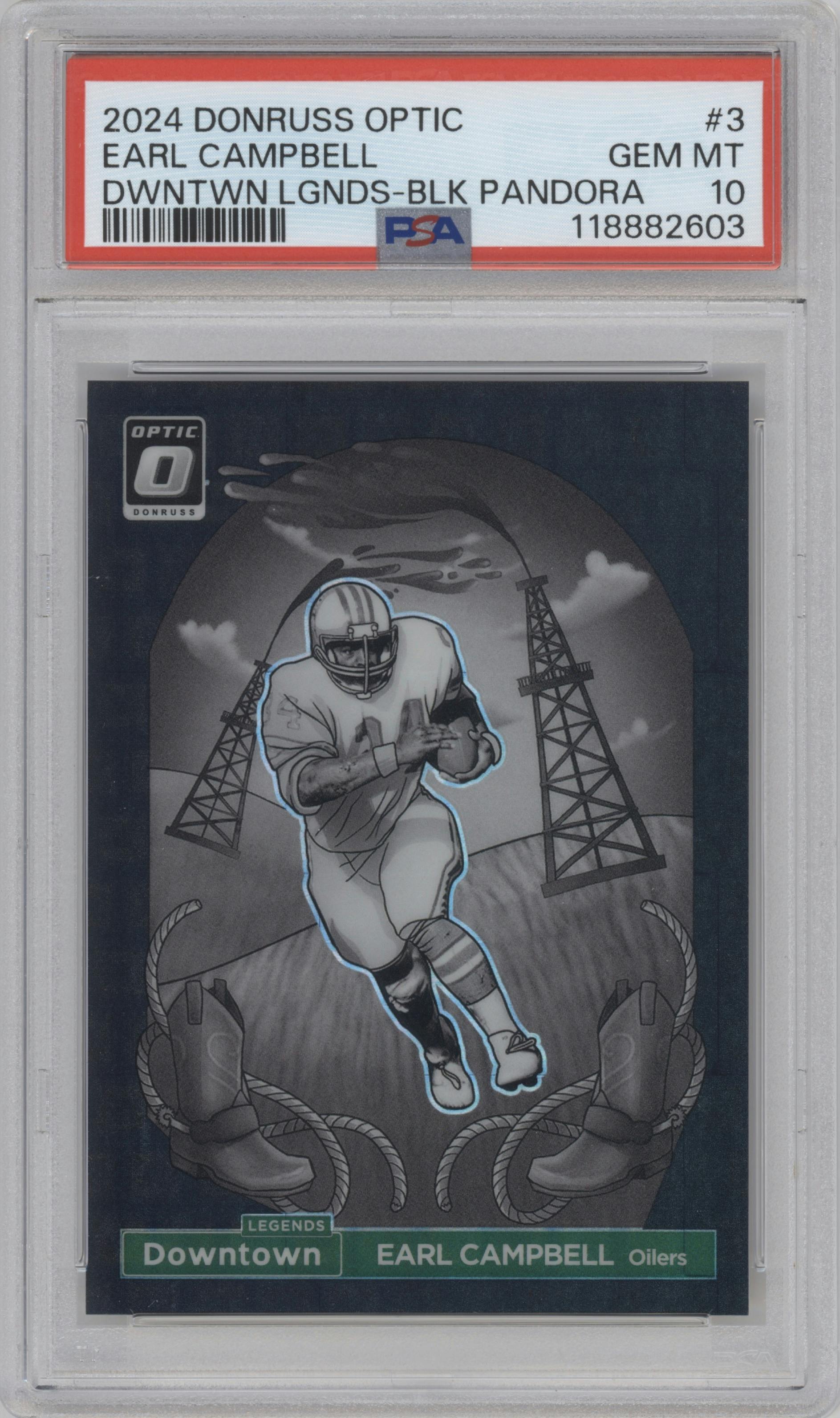 Earl Campbell from the 2024 Donruss Optic set featuring a Black Pandora parallel graded by PSA and given an overall grade of 10.
