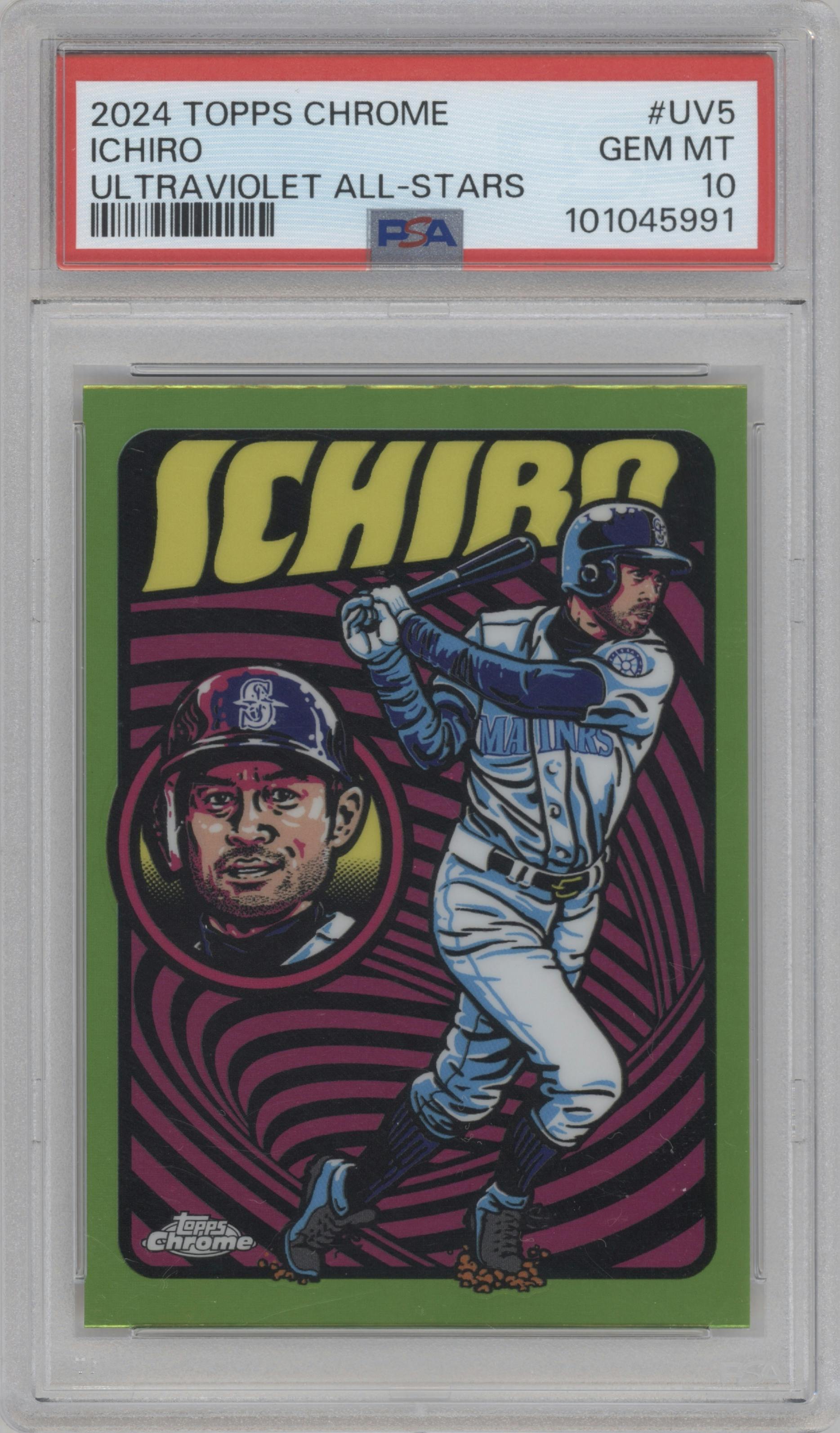 Ichiro from the 2024 Topps Chrome set graded by PSA and given an overall grade of 10.