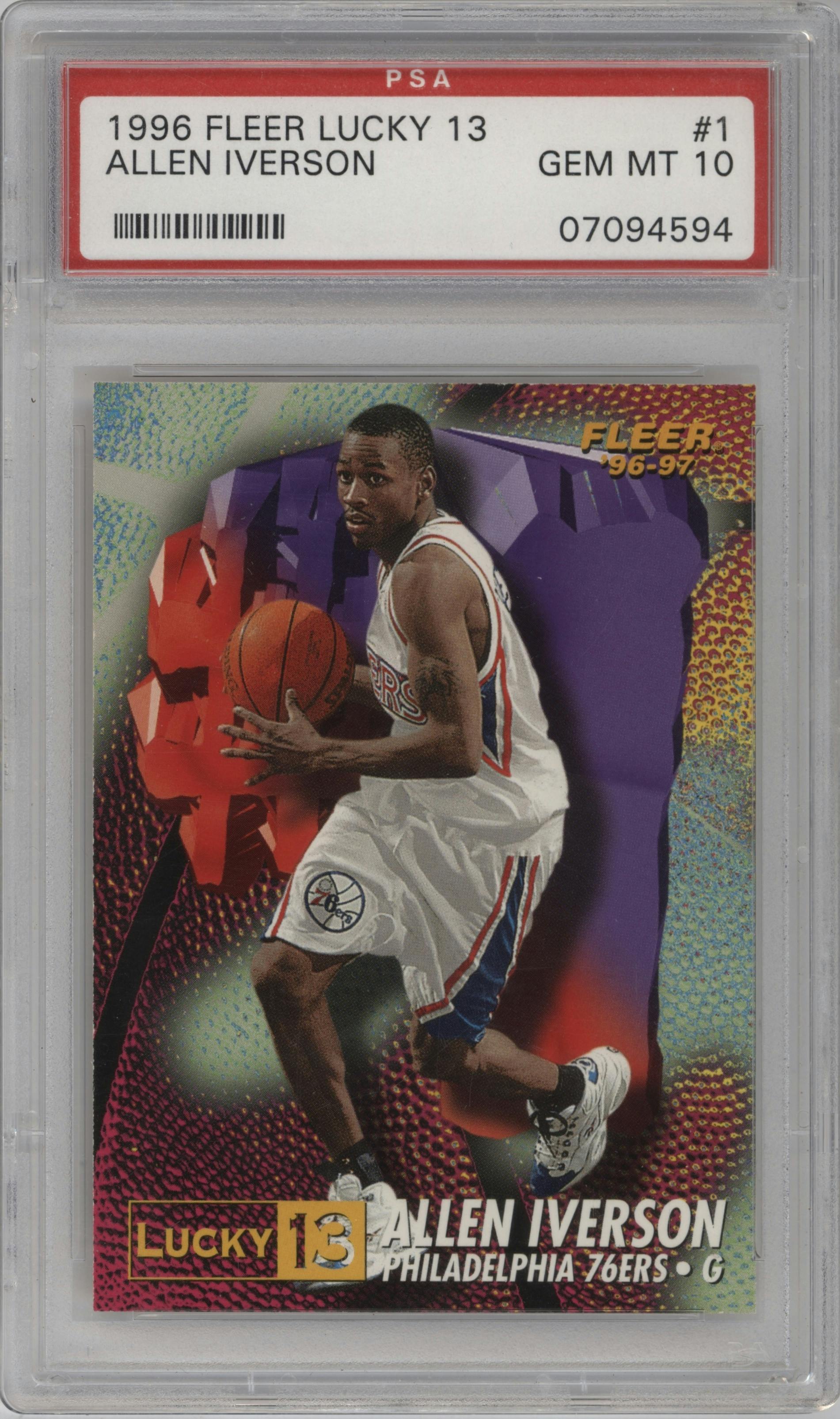 Allen Iverson from the 1996-97 Fleer set graded by PSA and given an overall grade of 10.