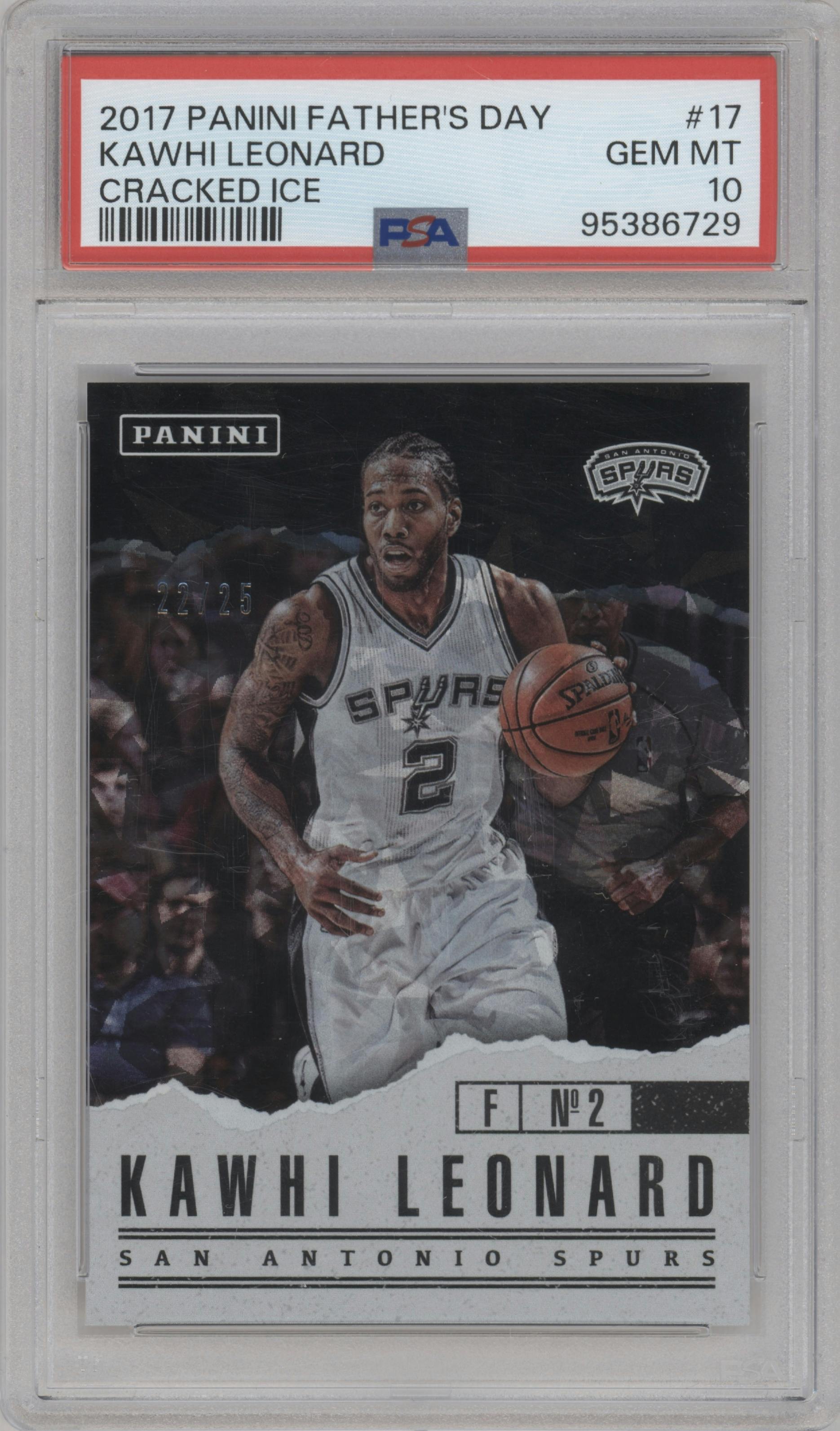 Kawhi Leonard from the 2017 Panini Father’s Day set featuring a Cracked Ice parallel graded by PSA and given an overall grade of 10.