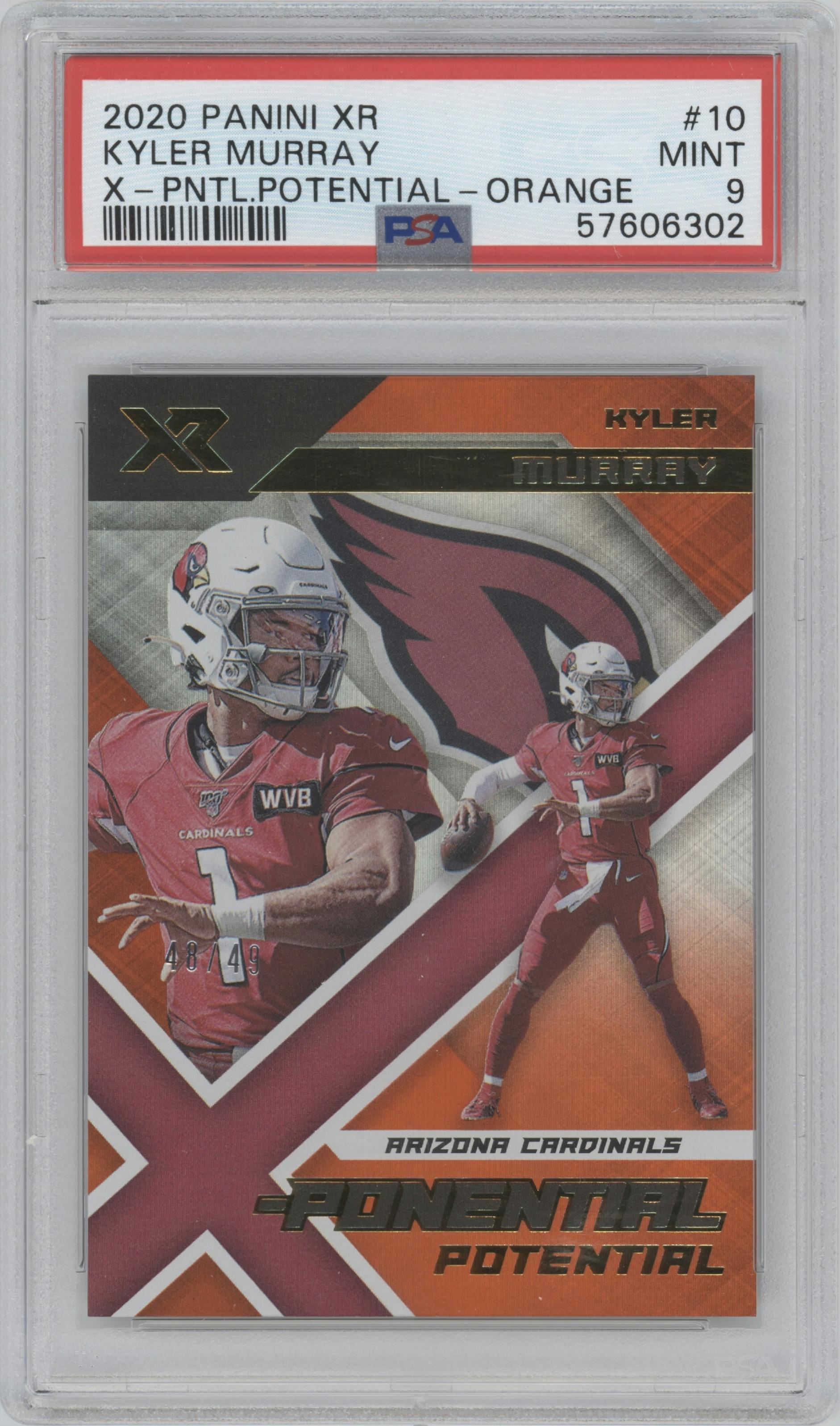 Kyler Murray from the 2020 Panini XR set featuring a Orange parallel graded by PSA and given an overall grade of 9.
