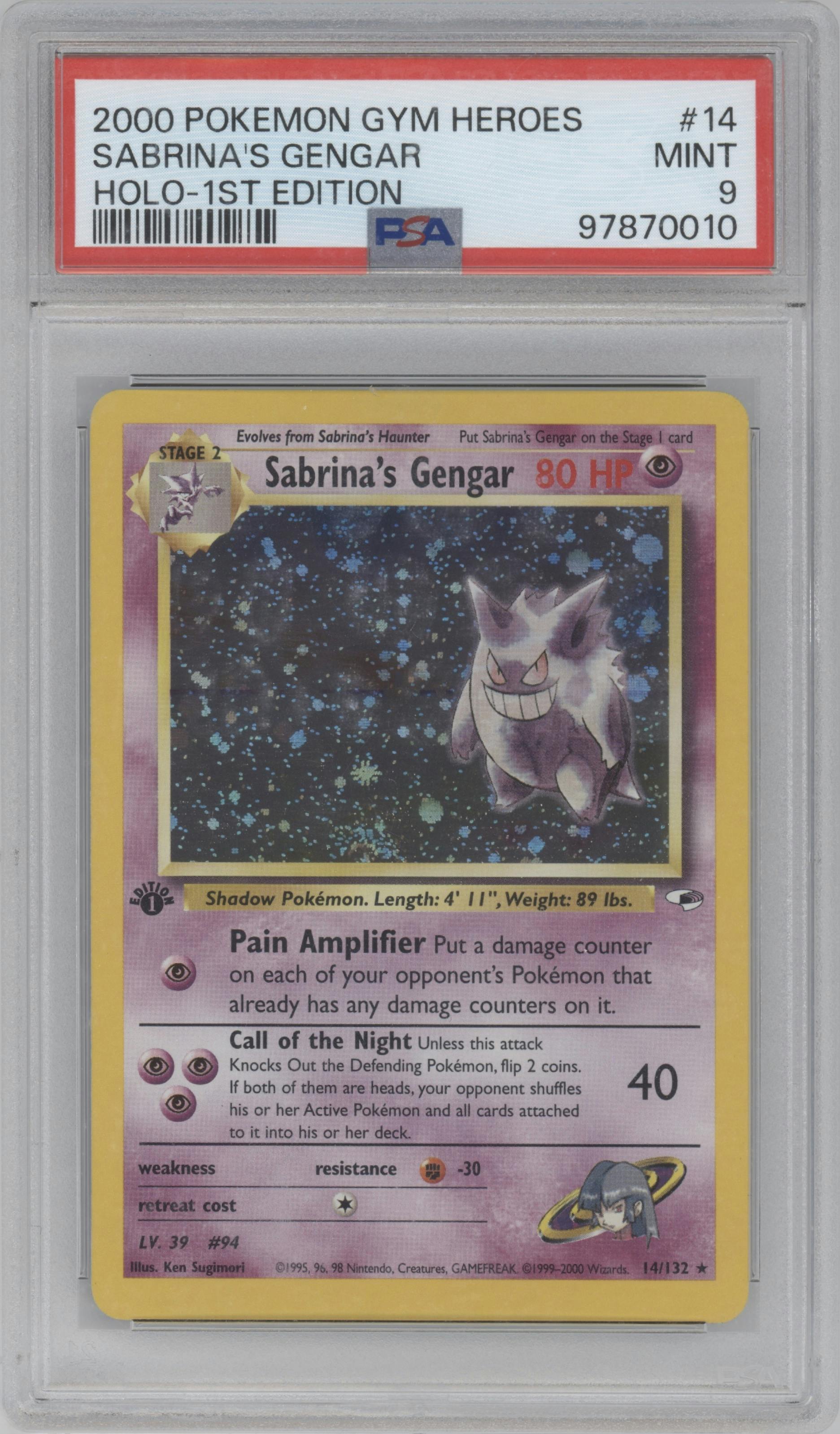 Sabrina's Gengar from the 2000 Pokemon GH set graded by PSA and given an overall grade of 9.