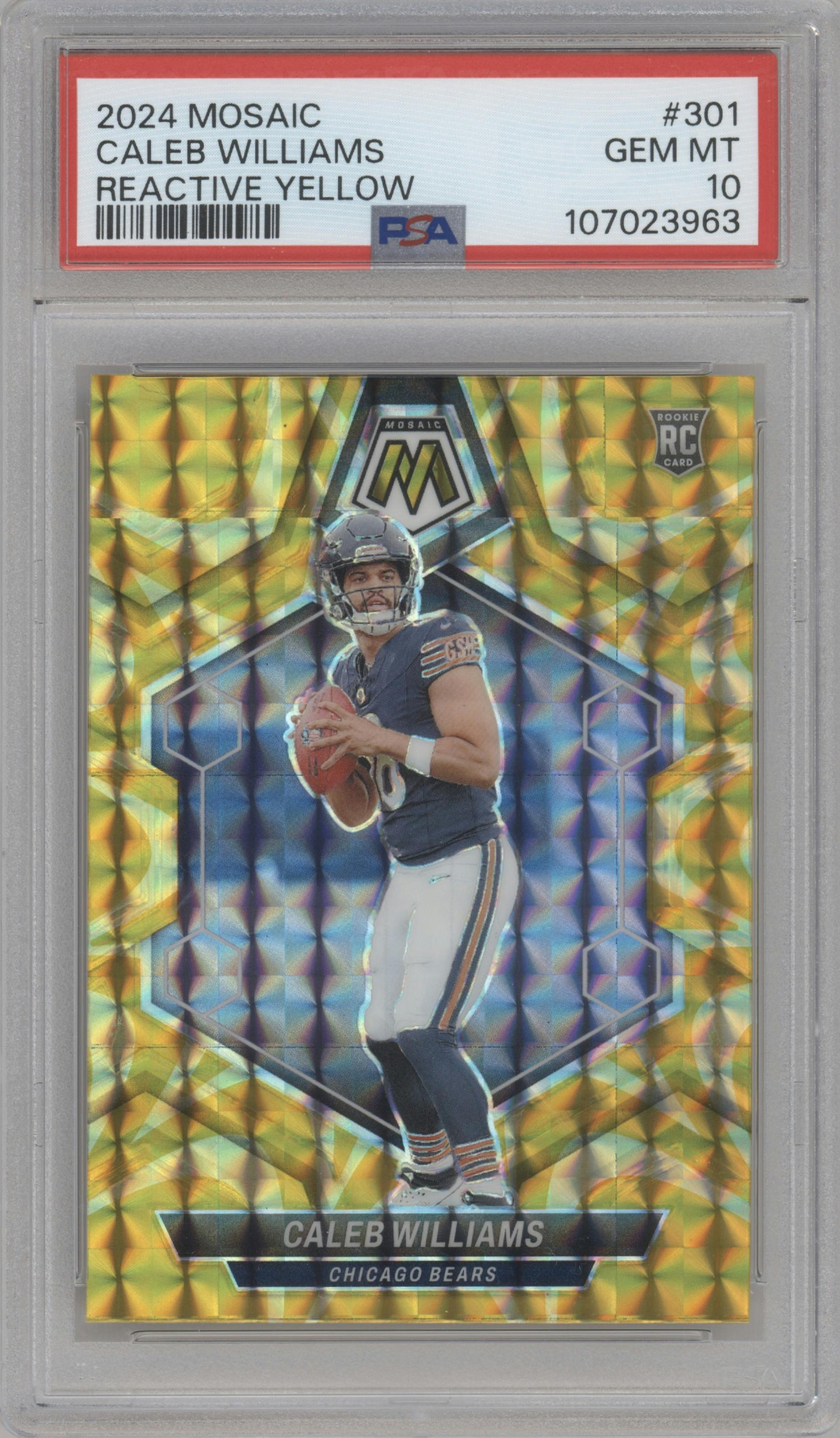Caleb Williams from the 2024 Panini Mosaic set featuring a Reactive Yellow parallel graded by PSA and given an overall grade of 10.