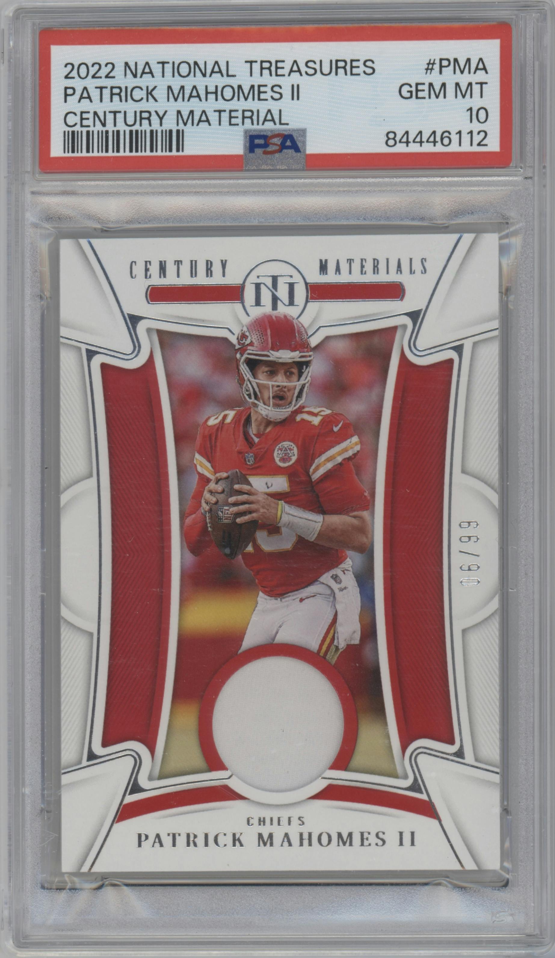 Patrick Mahomes II from the 2022 Panini National Treasures set graded by PSA and given an overall grade of 10.