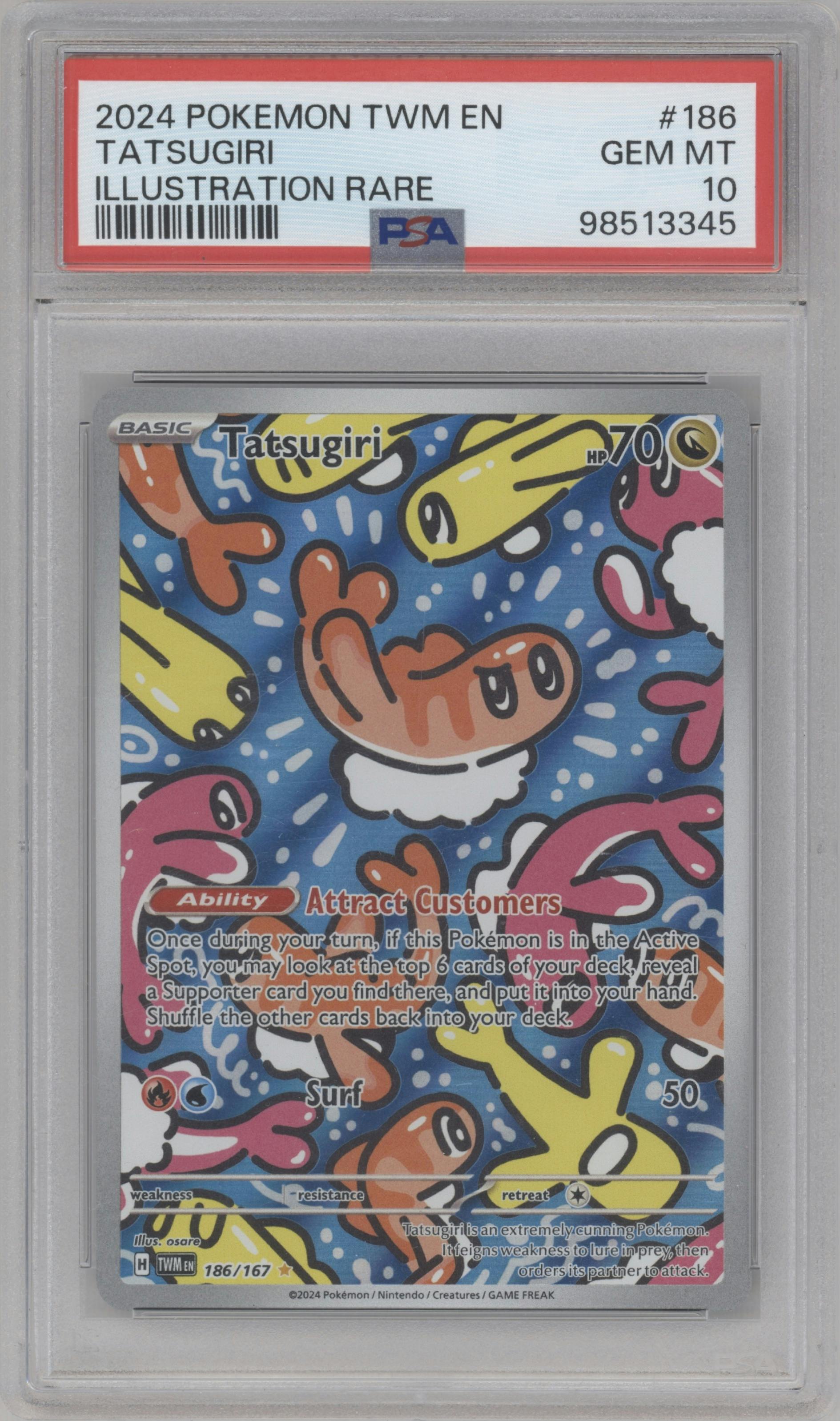 Tatsugiri from the 2024 Pokemon SV set graded by PSA and given an overall grade of 10.