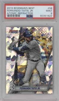 Fernando Tatis Jr. from the 2019 Bowman’s Best set featuring a Atomic Refractor parallel graded by PSA and given an overall grade of 9.
