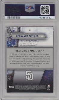 Fernando Tatis Jr. from the 2019 Bowman’s Best set featuring a Atomic Refractor parallel graded by PSA and given an overall grade of 9.