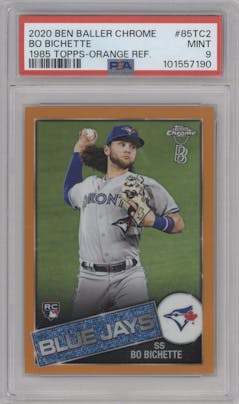 Bo Bichette from the 2020 Topps Chrome Ben Baller Edition set featuring a Orange Refractor  parallel graded by PSA and given an overall grade of 9.
