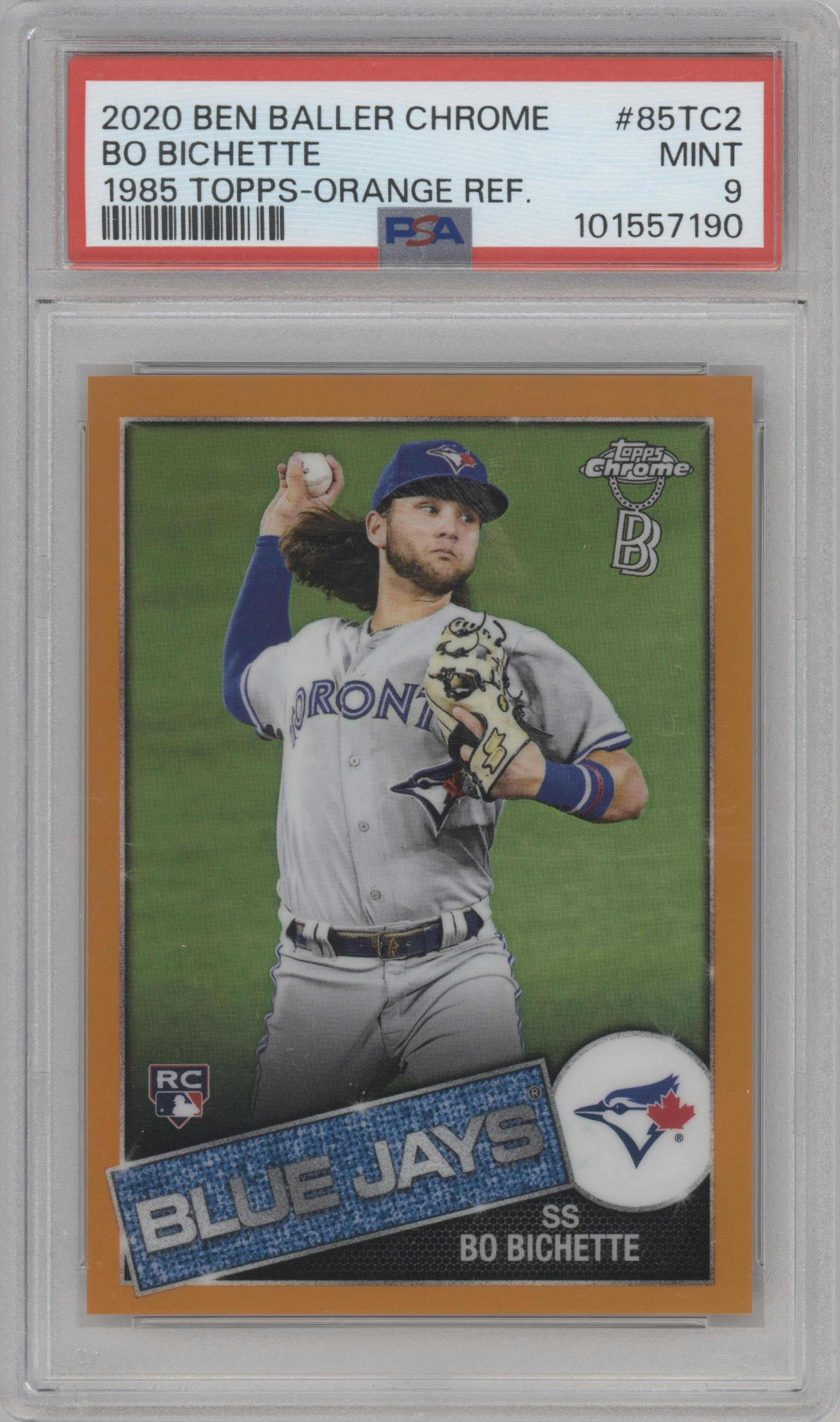 Bo Bichette from the 2020 Topps Chrome Ben Baller Edition set featuring a Orange Refractor  parallel graded by PSA and given an overall grade of 9.