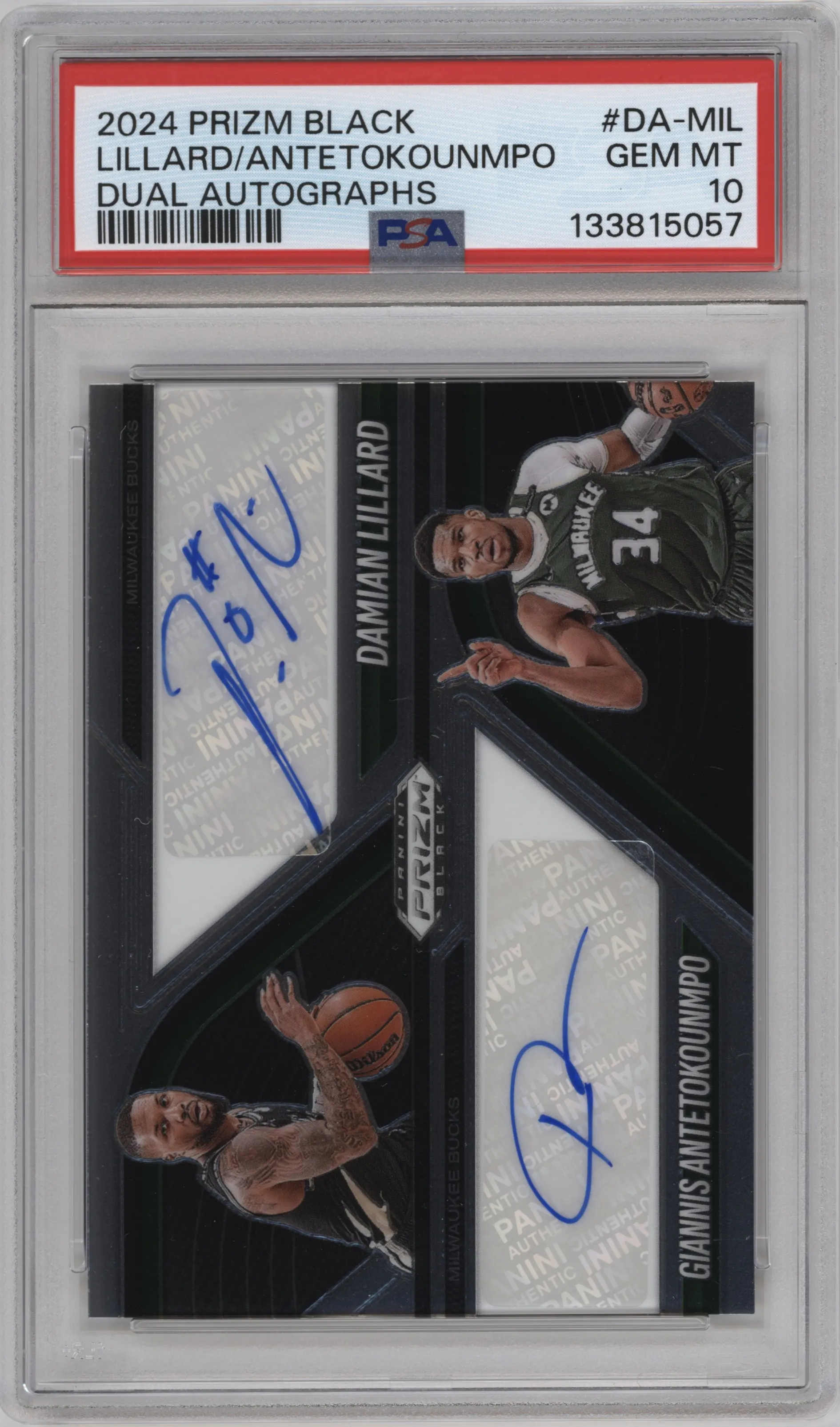 2024 Panini Prizm Black Dual Auto Damian Lillard/Giannis Antetokounmpo #DA-MIL PSA 10