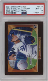 Yoshinobu Yamamoto from the 2024 Bowman's Best set graded by PSA and given an overall grade of 10.