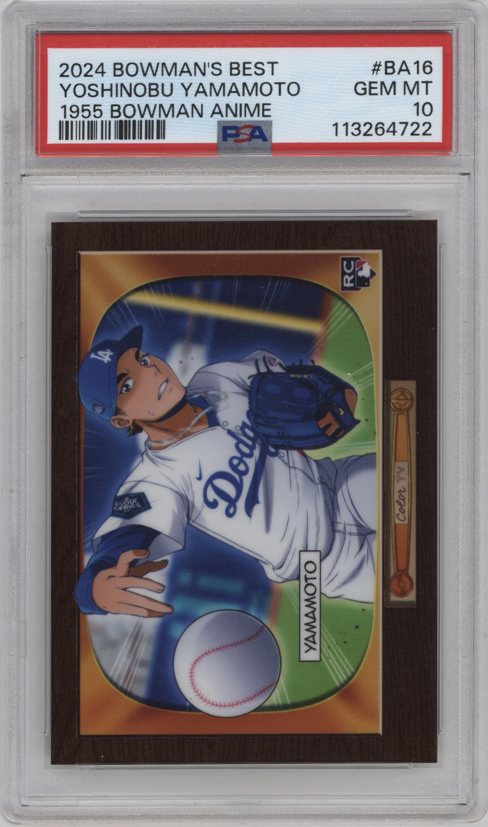 Yoshinobu Yamamoto from the 2024 Bowman's Best set graded by PSA and given an overall grade of 10.