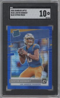 Justin Herbert from the 2020 Panini Donruss Optic set featuring a Hyper Blue  parallel graded by SGC and given an overall grade of 10.