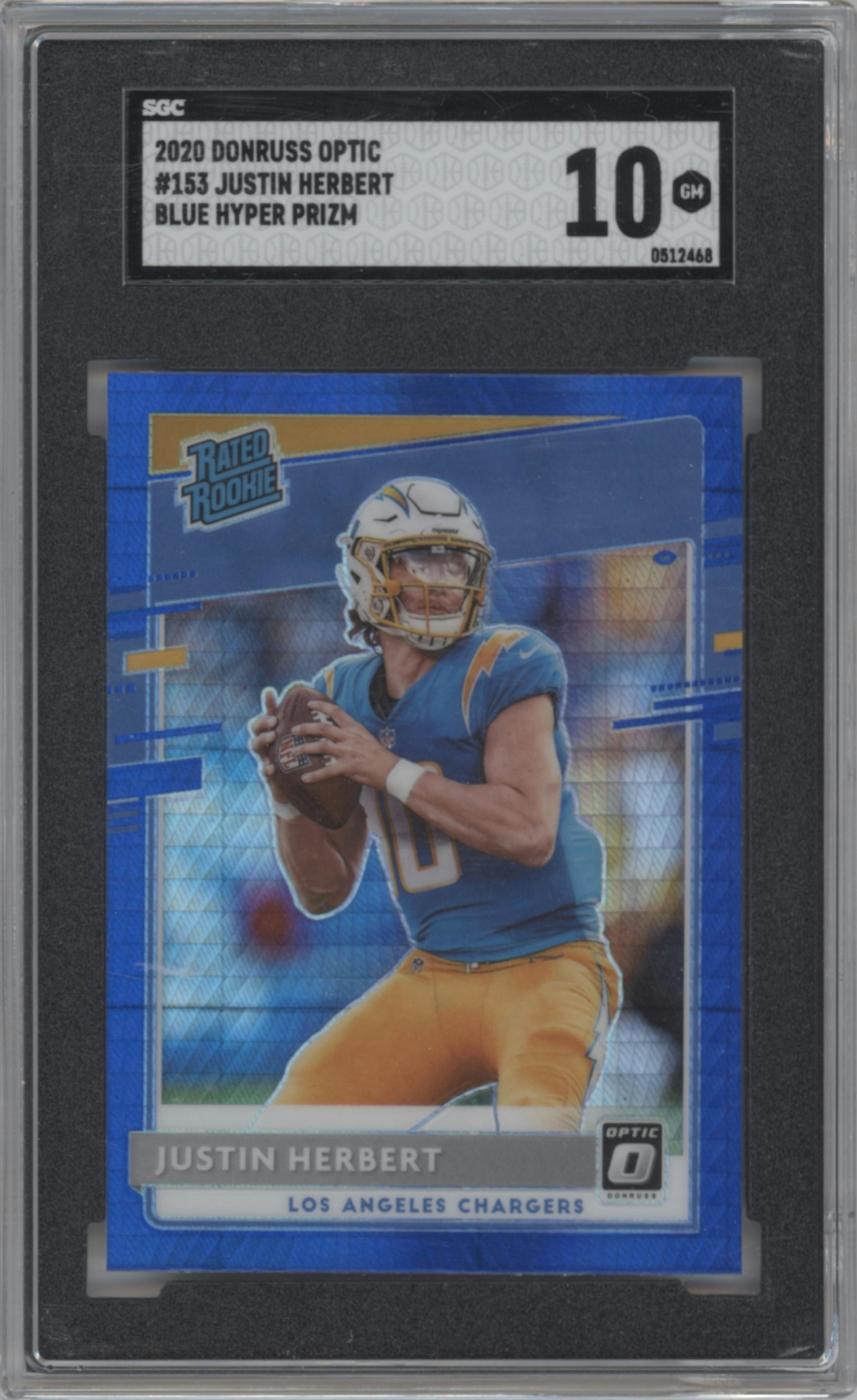 Justin Herbert from the 2020 Panini Donruss Optic set featuring a Hyper Blue  parallel graded by SGC and given an overall grade of 10.
