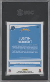 Justin Herbert from the 2020 Panini Donruss Optic set featuring a Hyper Blue  parallel graded by SGC and given an overall grade of 10.