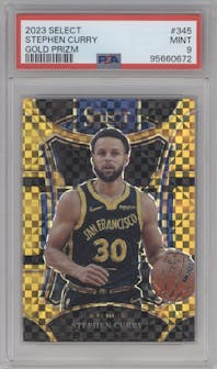 Stephen Curry from the 2023-24 Panini Select  set featuring a Gold Prizm parallel graded by PSA and given an overall grade of 9.