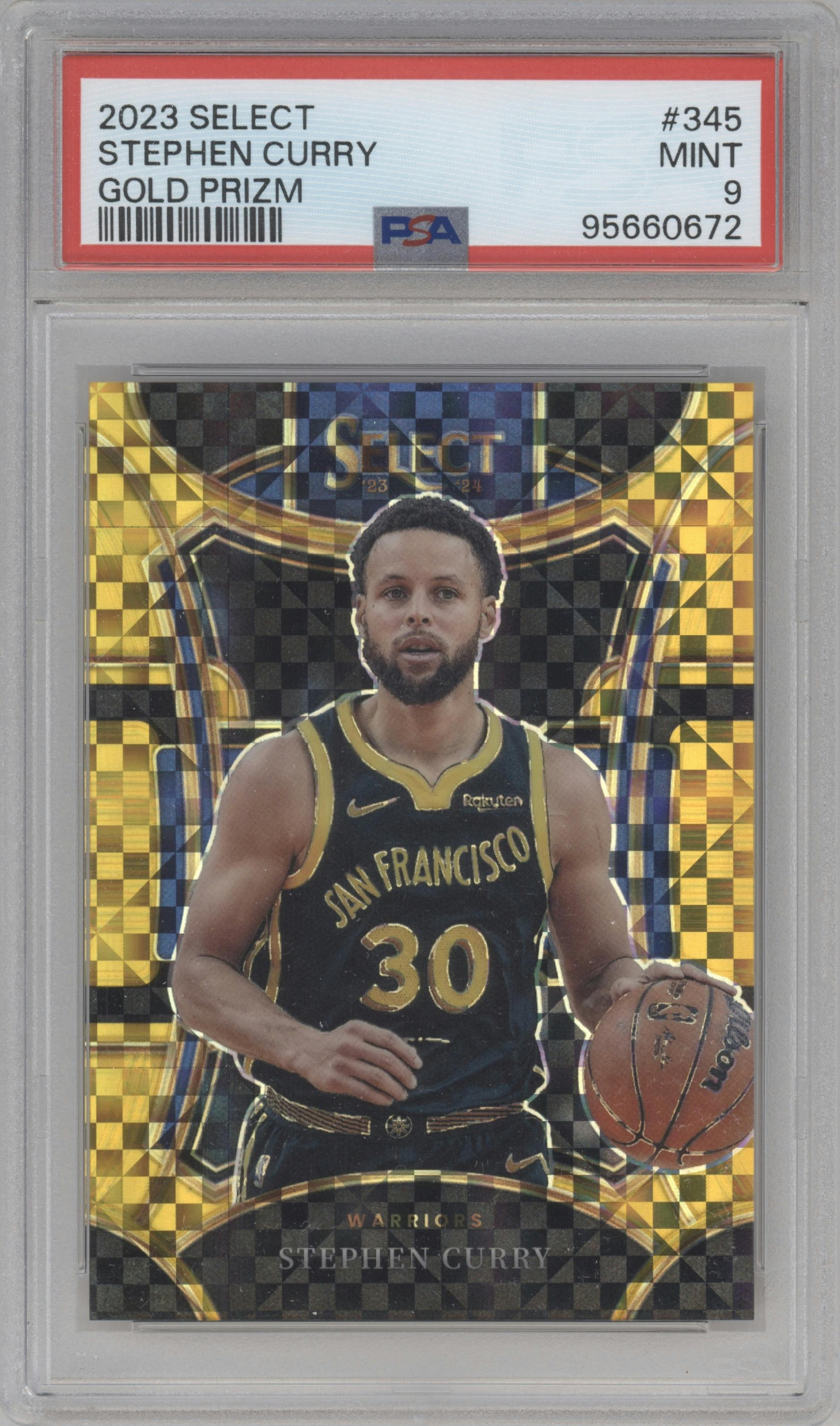Stephen Curry from the 2023-24 Panini Select  set featuring a Gold Prizm parallel graded by PSA and given an overall grade of 9.
