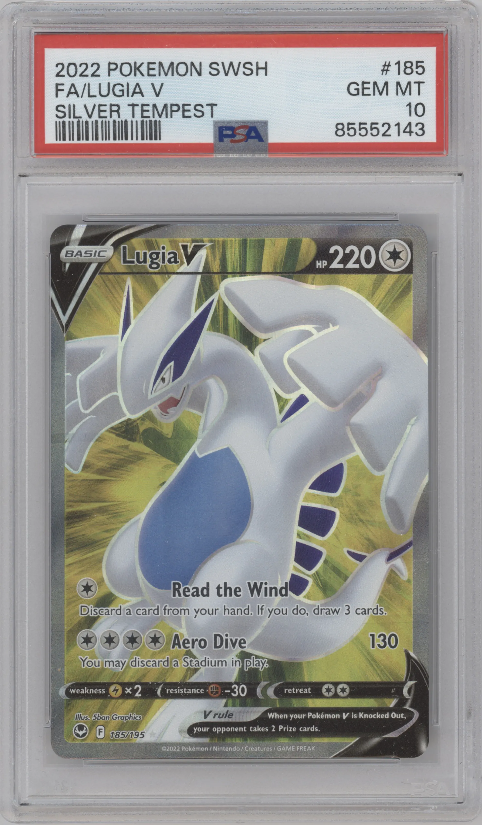 Lugia V from the 2022 Pokemon SWSH set graded by PSA and given an overall grade of 10.