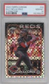 Elly De La Cruz from the 2024 Topps Chrome set featuring a X-Fractor parallel graded by PSA and given an overall grade of 10.
