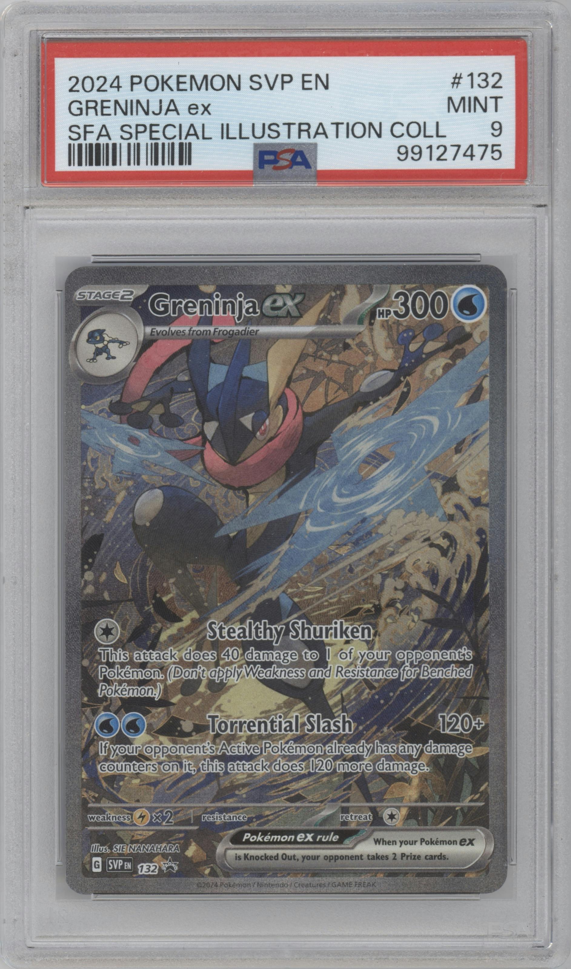 Greninja ex from the 2024 Pokemon SV set featuring a Shrouded Fable Greninja ex Special Illustration Collection parallel graded by PSA and given an overall grade of 9.