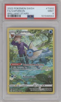 Vaporeon from the 2022 Pokemon SWSH set graded by PSA and given an overall grade of 9.
