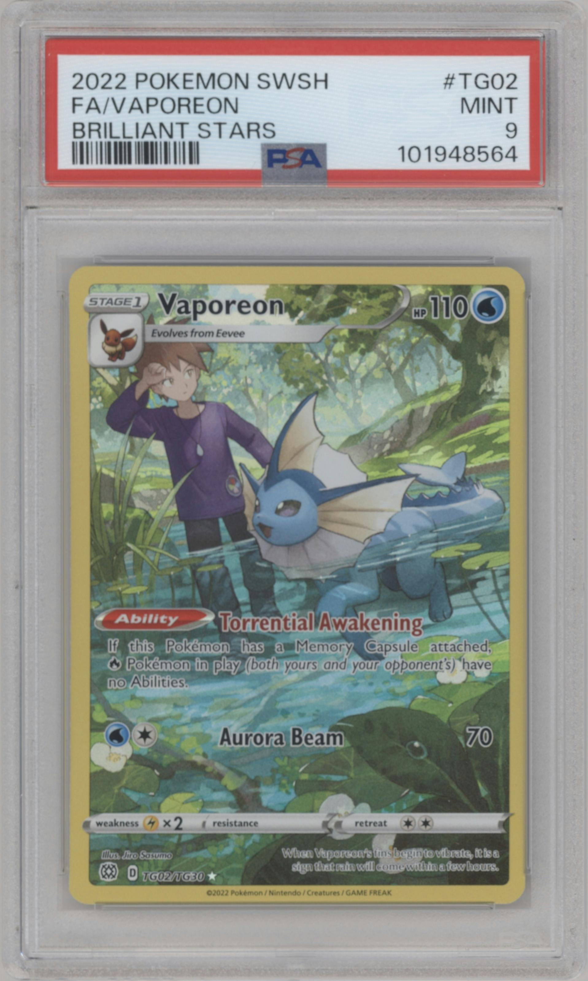 Vaporeon from the 2022 Pokemon SWSH set graded by PSA and given an overall grade of 9.