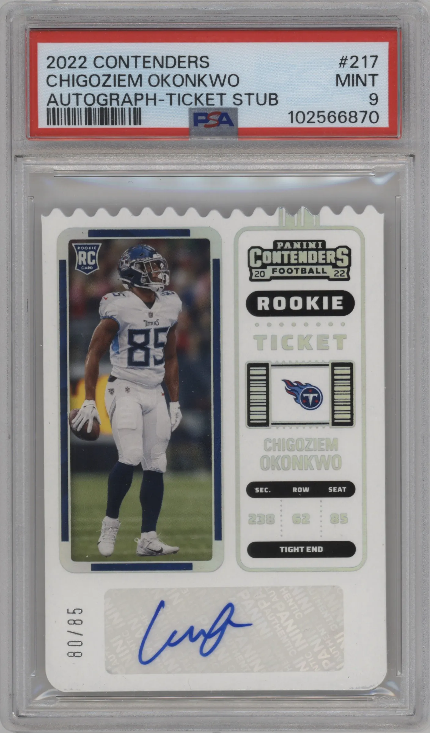 2022 Panini Contenders Rke.Tkt.Auto Chigoziem Okonkwo Ticket Stub #217 PSA 9