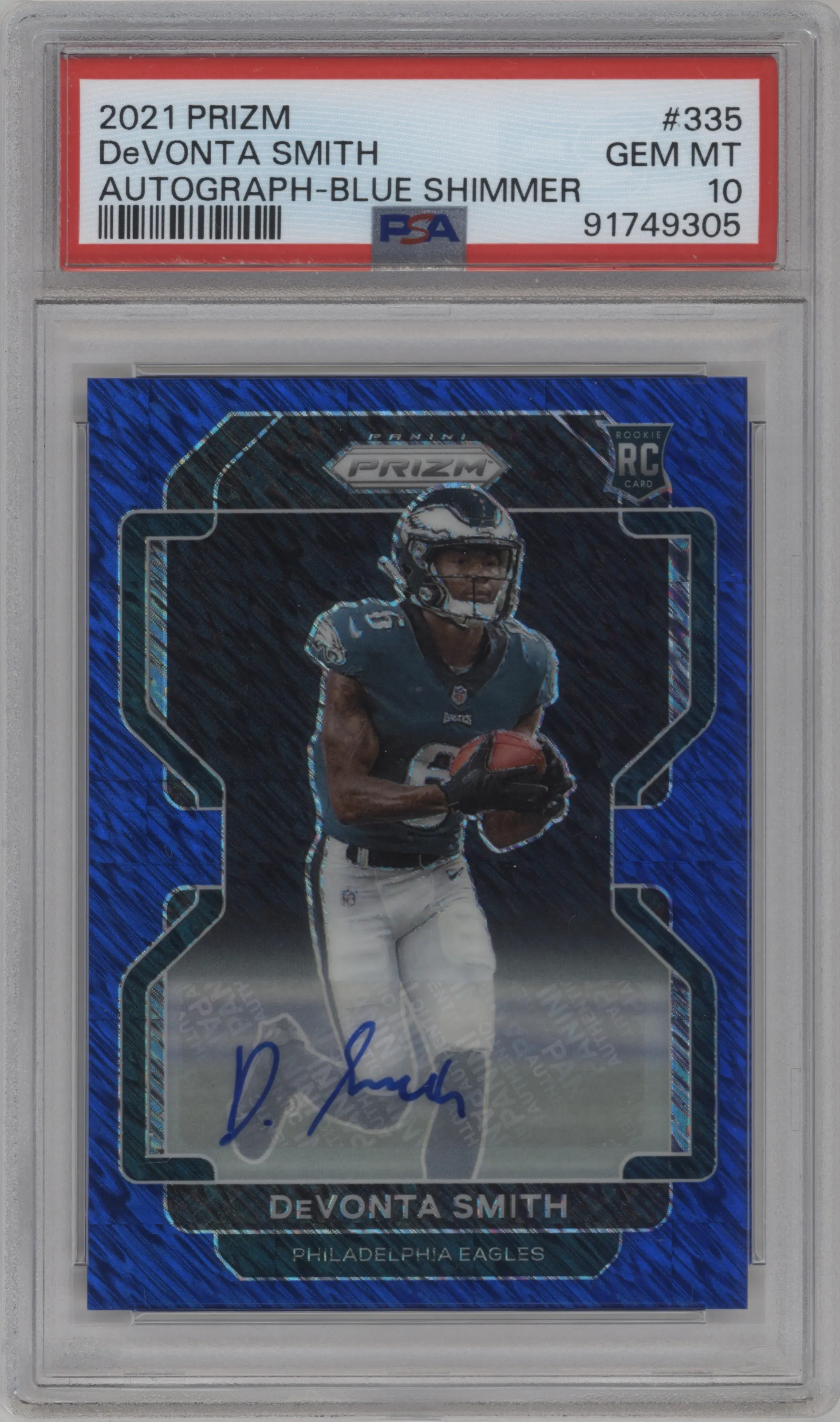 2021 Panini Prizm Rke.Auto DeVonta Smith Blue Shimmer #335 PSA 10