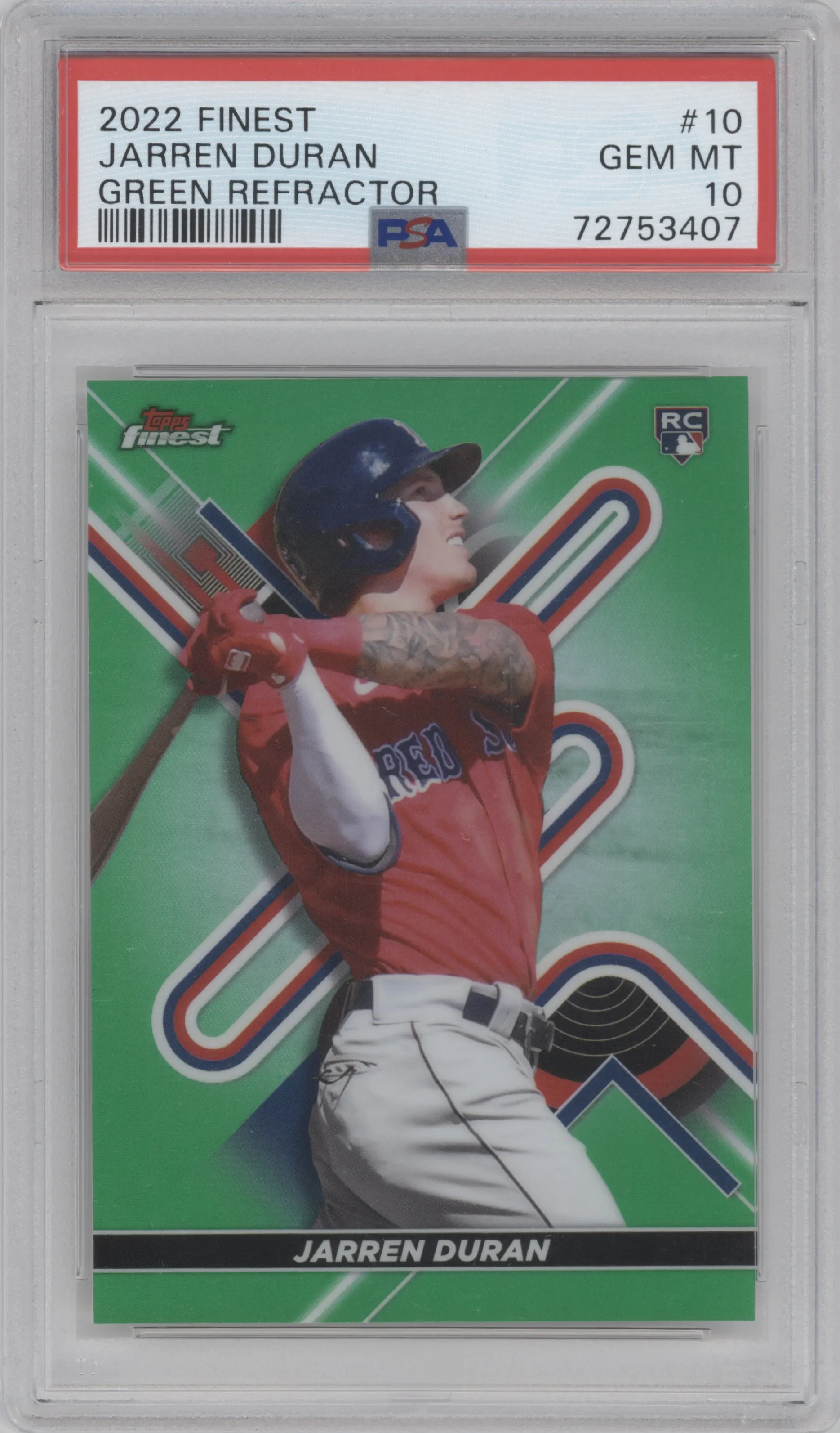 2022 Topps Finest Jarren Duran Green Refractor #10 PSA 10