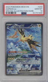 Zapdos EX from the 2023 Pokemon SV set graded by PSA and given an overall grade of 10.