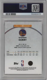 Stephen Curry from the 2025-26 Finest set featuring a Red Refractor parallel graded by PSA and given an overall grade of 9.