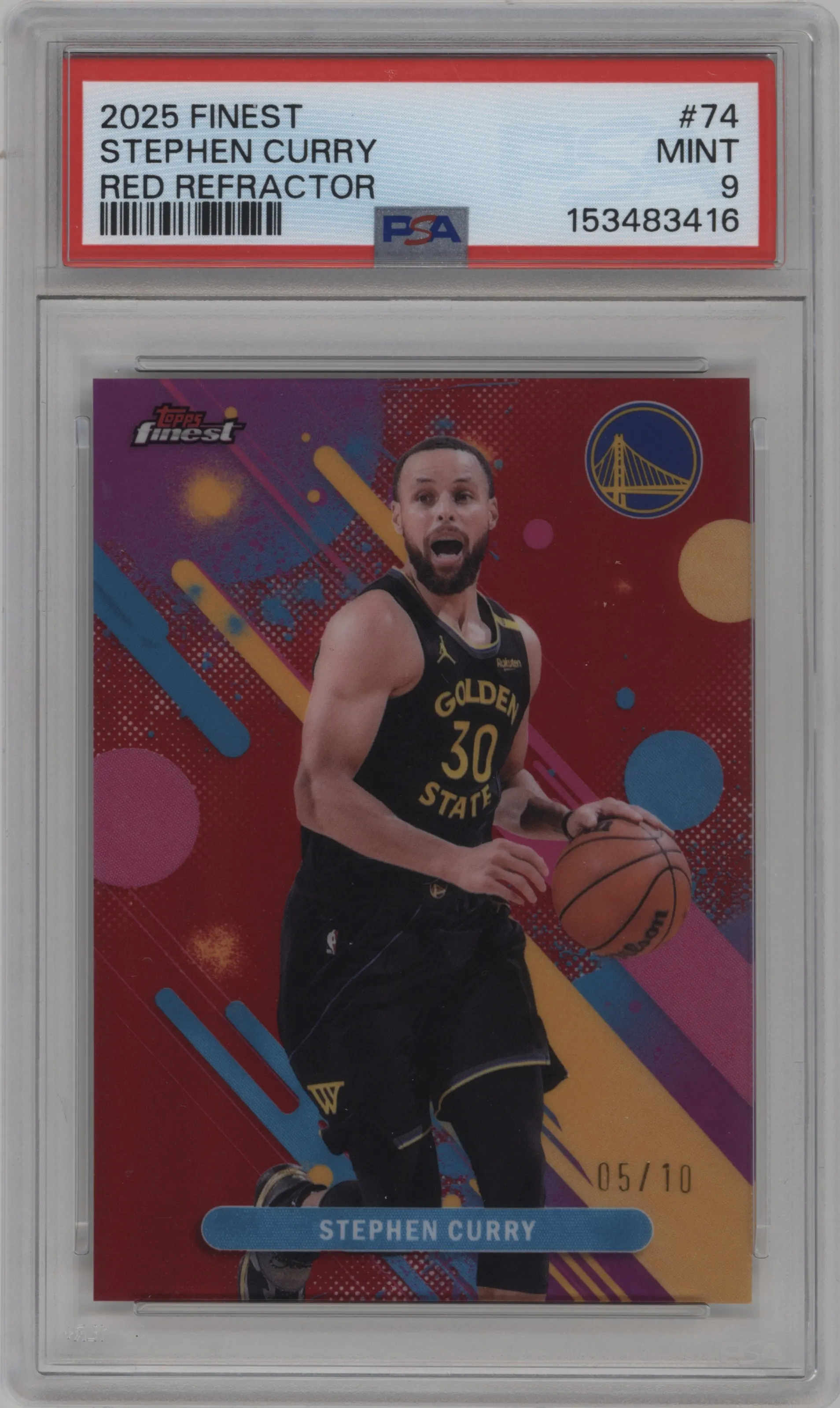 Stephen Curry from the 2025-26 Finest set featuring a Red Refractor parallel graded by PSA and given an overall grade of 9.