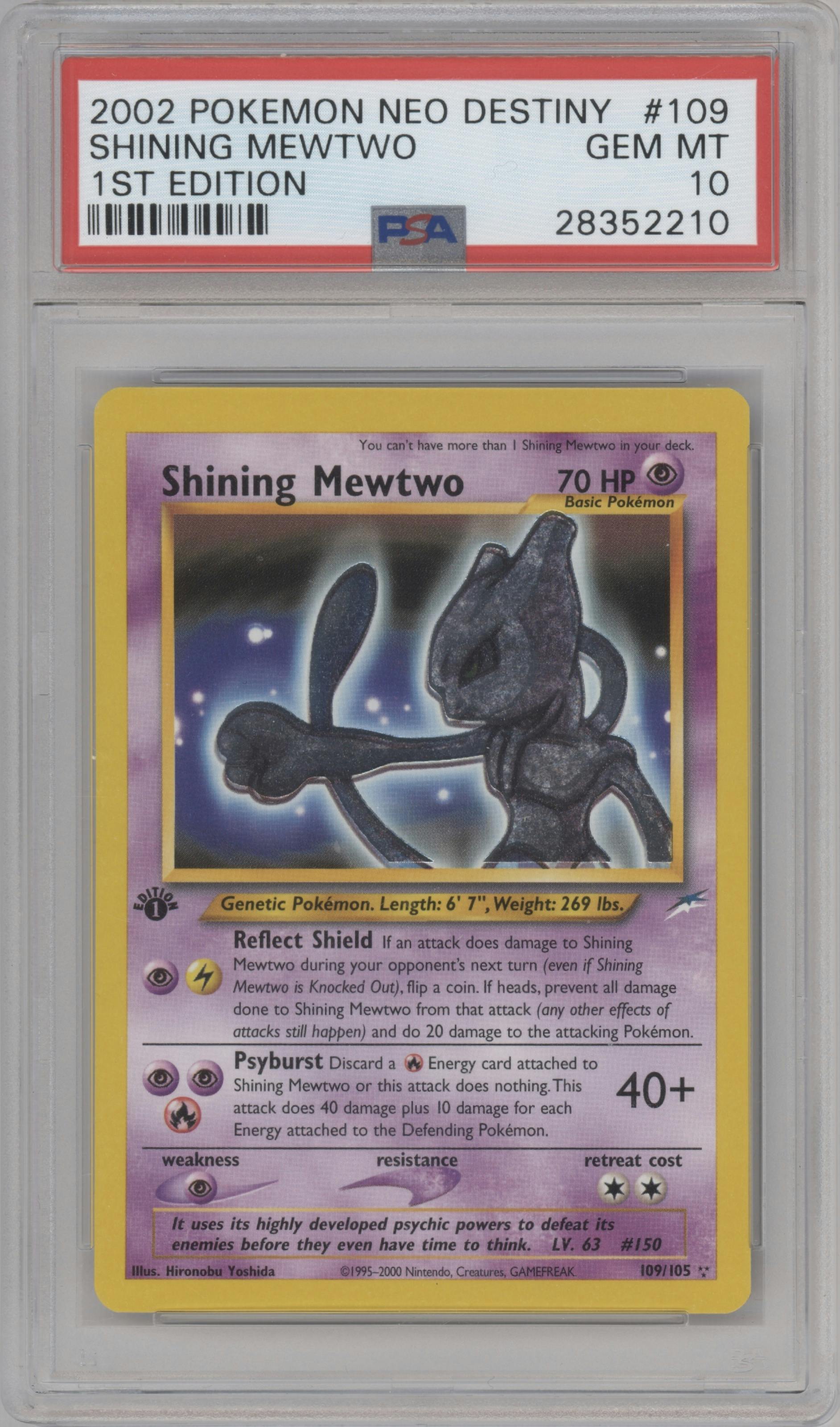 Shining Mewtwo from the 2002 Pokemon Neo Genesis set graded by PSA and given an overall grade of 10.