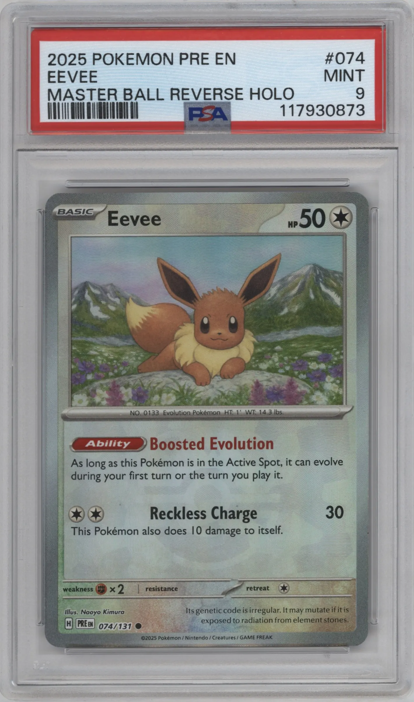 2025 Pokemon SV Prismatic Evolutions Eevee Master Ball #074 PSA 9