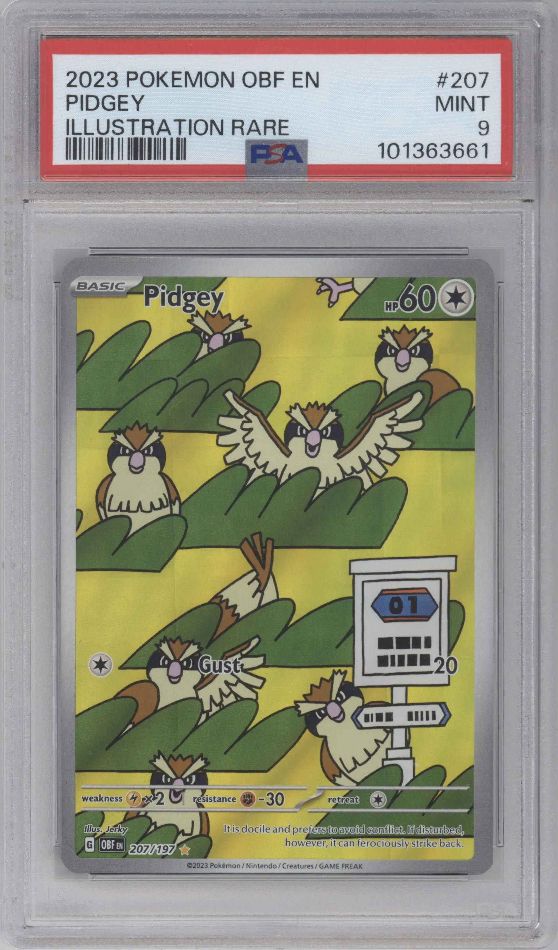Pidgey from the 2023 Pokemon SV set graded by PSA and given an overall grade of 9.