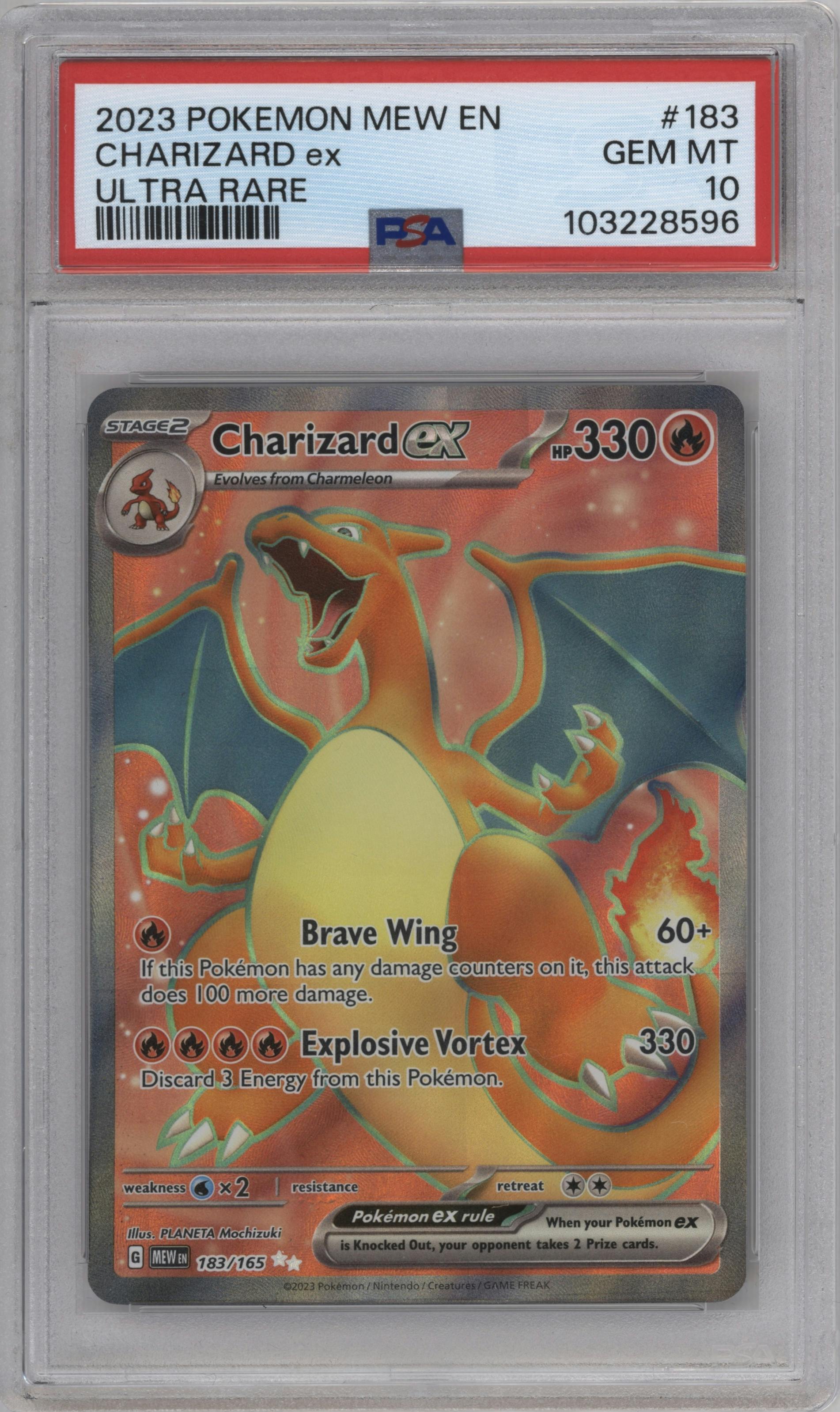 Charizard ex from the 2023 Pokemon SV set graded by PSA and given an overall grade of 10.